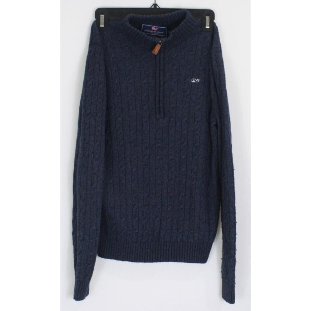 Vineyard Vines 1/4 Zip Cable Knit Sweater Youth L Wool Cashmere Blue Pullover